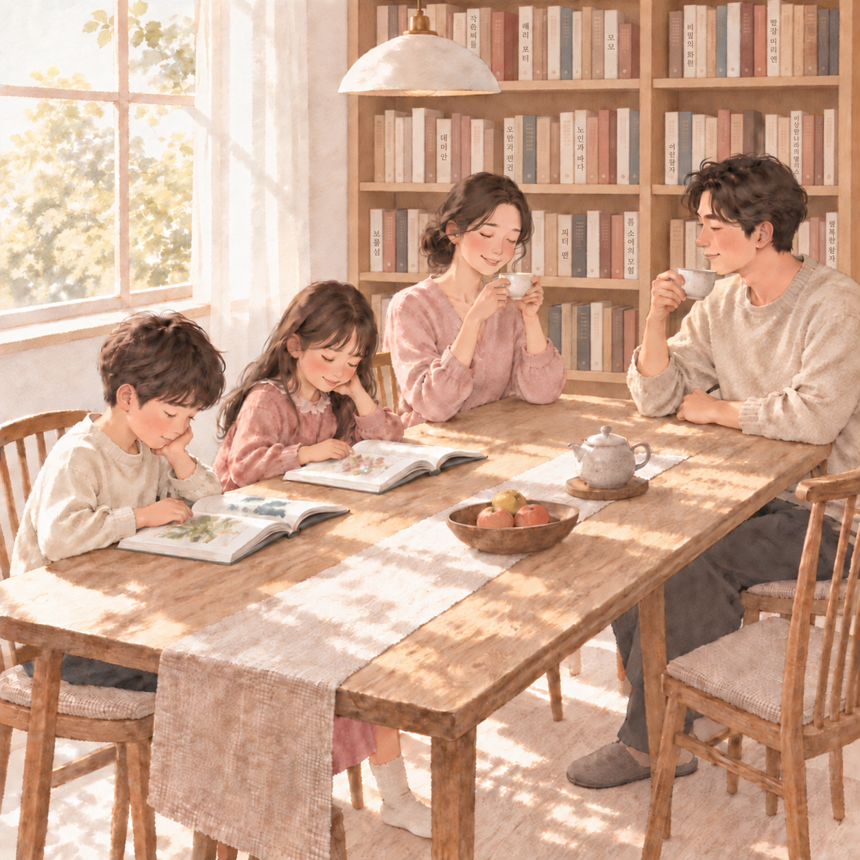 정리된 집에서 책을 읽고 차를 마시는 가족의 따뜻한 일상 그림