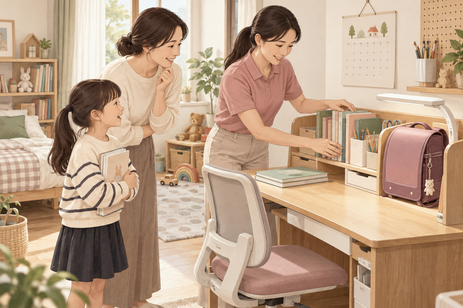 아이의 책상과 책, 등교 준비물을 정리하는 모습 · 서비스 설명용 삽화